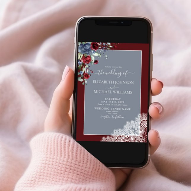 Elegant Dusty Blue Burgundy Wood Script Wedding Invitation (Creator Uploaded)