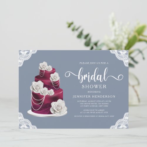 Elegant Dusty Blue Cake And Lace Bridal Shower Invitation