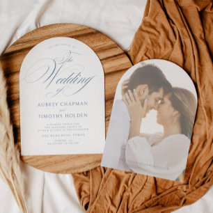 Elegant Dusty Blue Calligraphy Arch Wedding Invitation