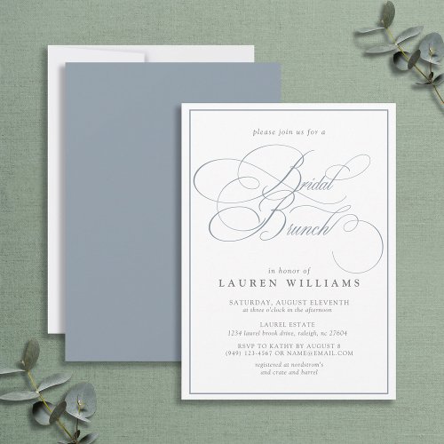 Elegant Dusty Blue Calligraphy Bridal Brunch Invitation