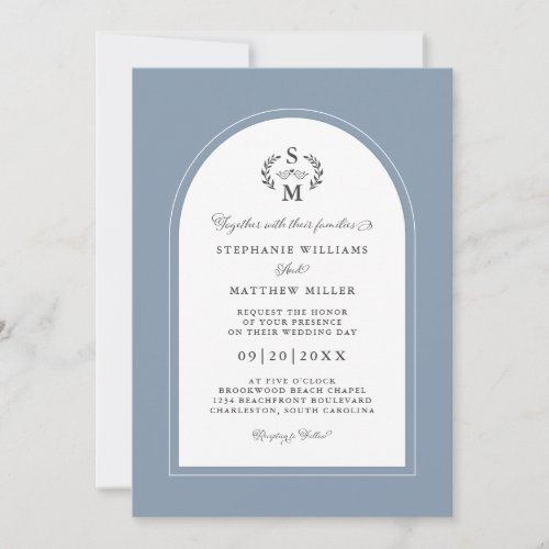 Elegant Dusty Blue Calligraphy Crest Arch Wedding Invitation
