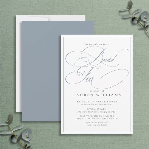 Elegant Dusty Blue Calligraphy Formal Bridal Tea Invitation