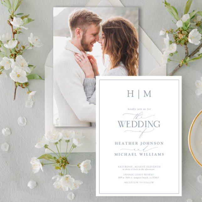 Elegant Dusty Blue Calligraphy Monogram Photo Invitation (Wedding Invitation!)