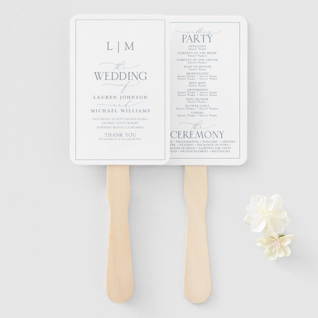 Elegant Dusty Blue Calligraphy Monogram Program Hand Fan (Front and Back)