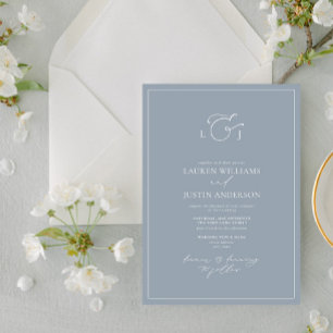 Elegant Dusty Blue Calligraphy Monogram Wedding Invitation