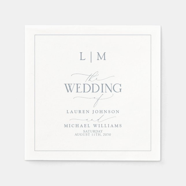Elegant Dusty Blue Calligraphy Monogram Wedding Napkins (Front)