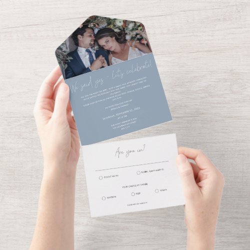 Elegant Dusty Blue Calligraphy Photo Post_Wedding  All In One Invitation