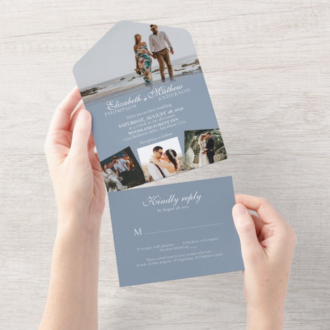 Elegant Dusty Blue Calligraphy Photo Wedding All In One Invitation (Tearaway)