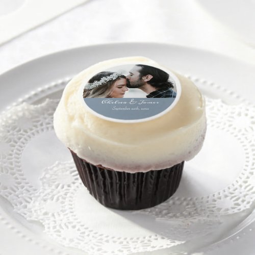 Elegant Dusty Blue Calligraphy Photo Wedding Edible Frosting Rounds