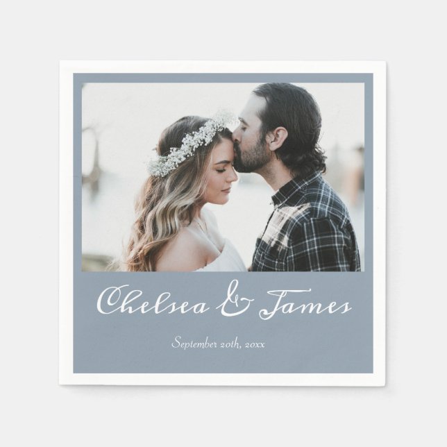 Elegant Dusty Blue Calligraphy Photo Wedding  Napkins (Front)