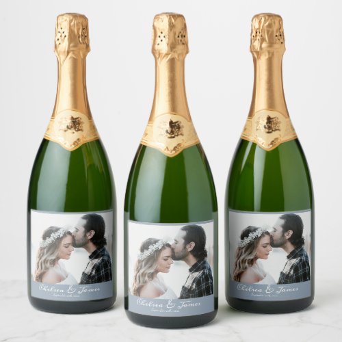 Elegant Dusty Blue Calligraphy Photo Wedding Party Sparkling Wine Label