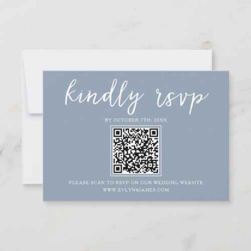 Elegant Dusty Blue Calligraphy QR Code Wedding RSVP Card