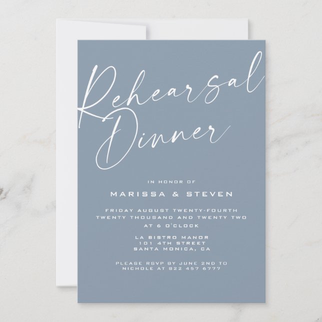 Elegant Dusty Blue Calligraphy Rehearsal Dinner Invitation (Front)