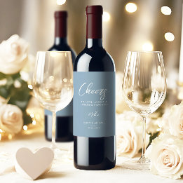 Elegant Dusty Blue Calligraphy Script Wedding Wine Label