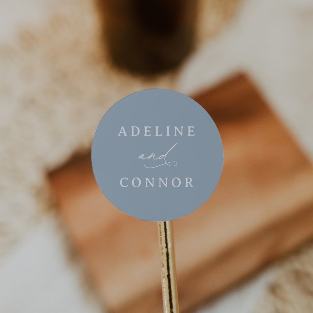 Elegant Dusty Blue Calligraphy Wedding Classic Round Sticker (Creator Uploaded)