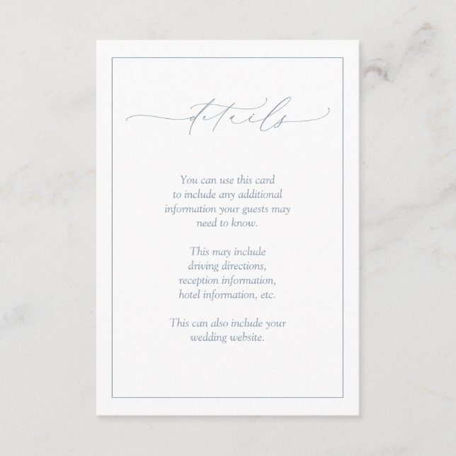 Elegant Dusty Blue Calligraphy Wedding Details Enclosure Card (Front)