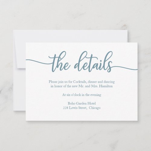 Elegant Dusty Blue Calligraphy Wedding Details RSVP Card