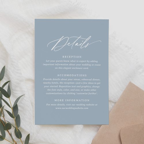 Elegant Dusty Blue Calligraphy Wedding Details RSVP Card