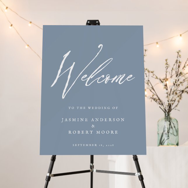 Elegant Dusty Blue Calligraphy Wedding Welcome Foam Board (In Situ (Stand))