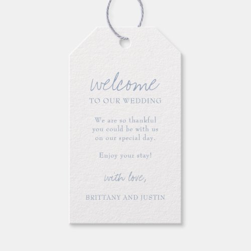 Elegant Dusty Blue Calligraphy Wedding Welcome Gift Tags