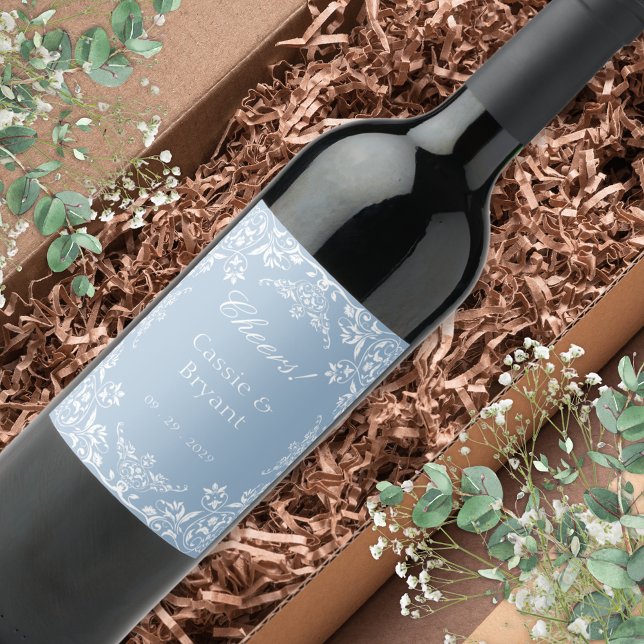Elegant Dusty Blue Chic Cheers Stylish Wedding Wine Label (Elegant dusty blue and white wedding cheers wine bottle labels with bride and groom name with date)