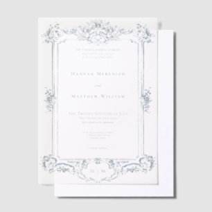 Elegant Dusty Blue Chinoiserie Cherub Wedding Vellum Invitations
