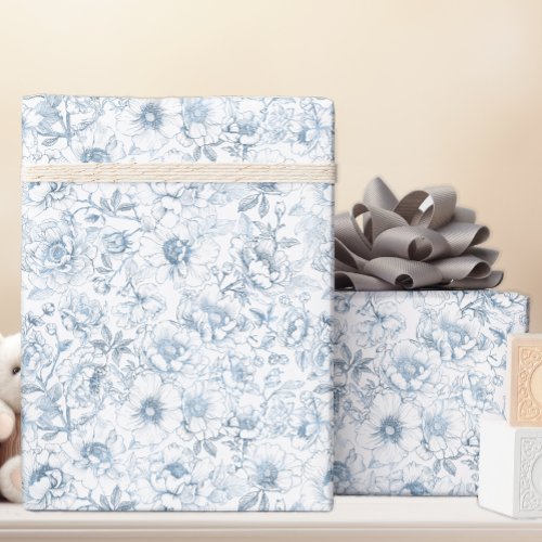 Elegant Dusty Blue Chinoiserie Floral Pattern Wrapping Paper