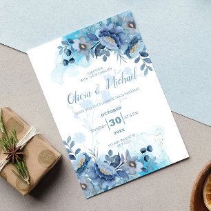 Elegant Dusty Blue Chinoiserie Floral Wedding Invitation