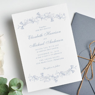 Elegant Dusty Blue Chinoiserie Watercolor Wedding Invitation
