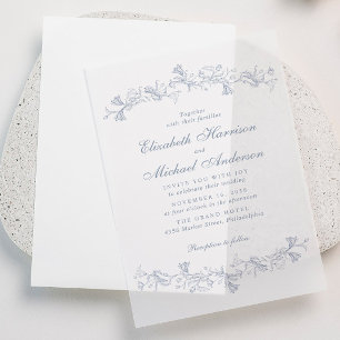 Elegant Dusty Blue Chinoiserie Watercolor Wedding Vellum Invitations