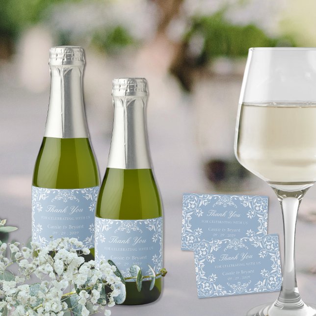 Elegant Dusty Blue Chinoiserie Wedding Thank You Sparkling Wine Label (elegant dusty blue and white coastal chic wedding thank you labels for sparkling wine champagne)