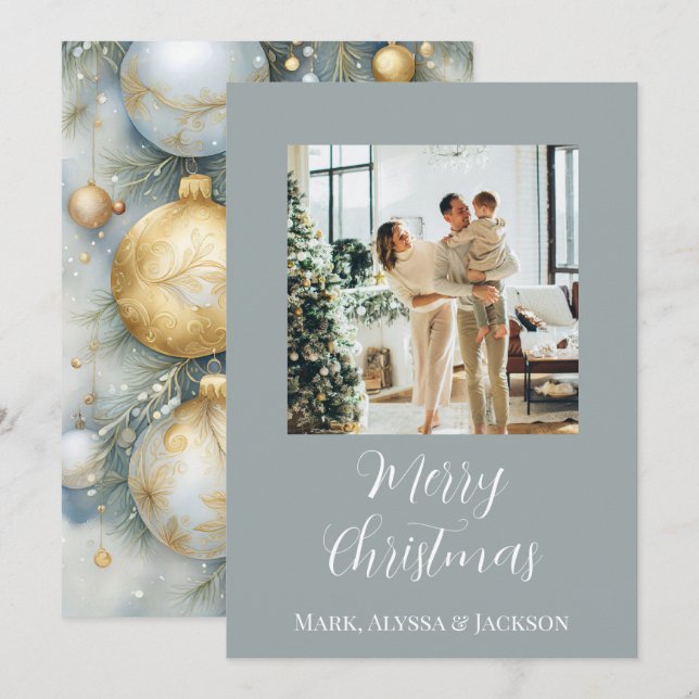 Elegant Dusty Blue Christmas Baubles Family Photo Holiday Card (Front/Back)
