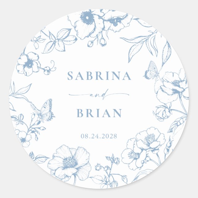Elegant Dusty Blue Classic Floral Wedding  Classic Round Sticker (Front)