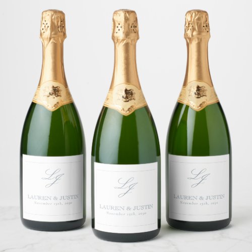 Elegant Dusty Blue Classic Monogram Script Wedding Sparkling Wine Label