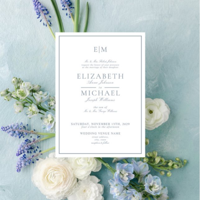 Elegant Dusty Blue Classic Script Monogram Wedding Invitation (Creator Uploaded)