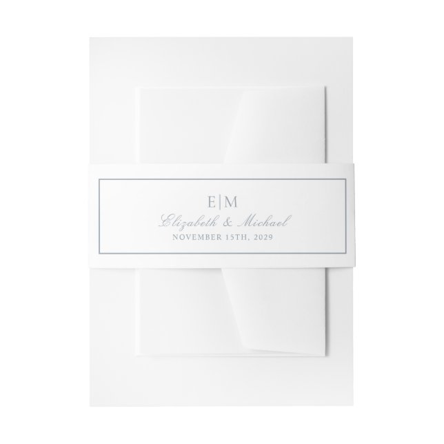 Elegant Dusty Blue Classic Script Monogram Wedding Invitation Belly Band (Front Example)