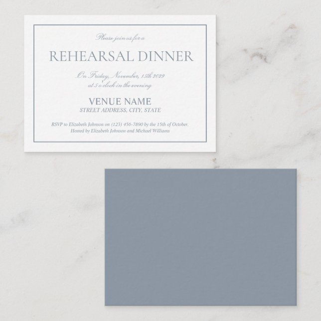 Elegant Dusty Blue Classic Script Rehearsal Enclosure Card (Front/Back)