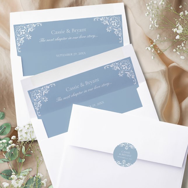Elegant Dusty Blue Classic Vintage Wedding Envelope Liner (elegant dusty blue and white bride and groom name message and wedding date envelope liners for them)