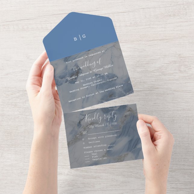 elegant dusty blue coastal ocean marble  all in one invitation (Tearaway)
