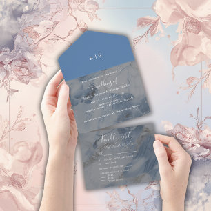 elegant dusty blue coastal ocean marble all in one invitation