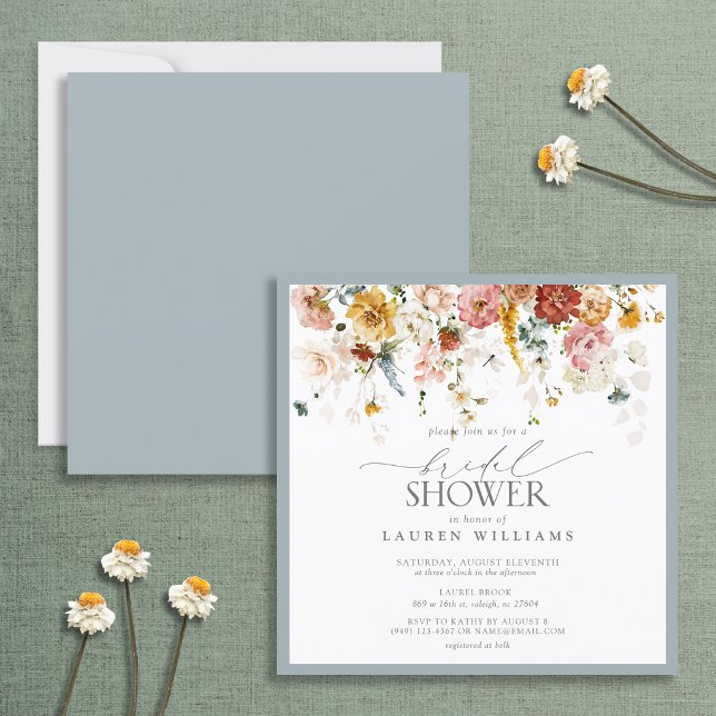 Elegant Dusty Blue Country Floral Bridal Shower In Invitation