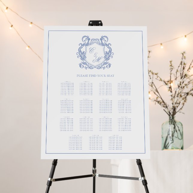 Elegant Dusty Blue Crest 15 Table Seating Chart Foam Board (In Situ (Stand))