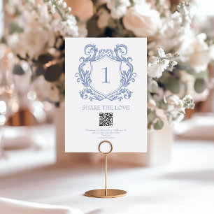 Elegant Dusty Blue Crest QR Code Photo Sharing Table Number