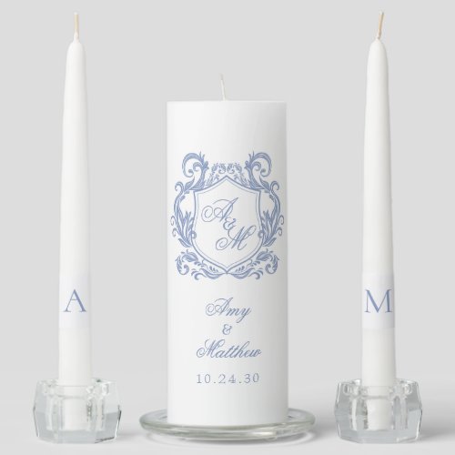 Elegant Dusty Blue Crest Unity Candle Set