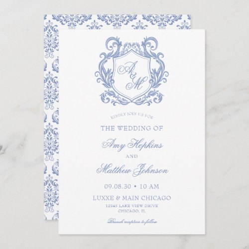 Elegant Dusty Blue Crest Wedding Invitation