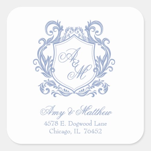 Elegant Dusty Blue Crest Wedding Return Address Square Sticker