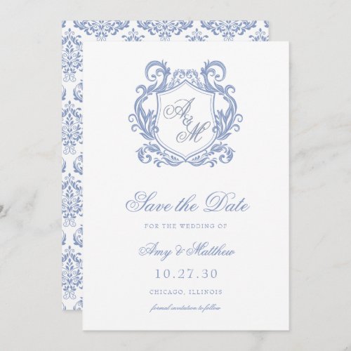 Elegant Dusty Blue Crest Wedding  Save The Date