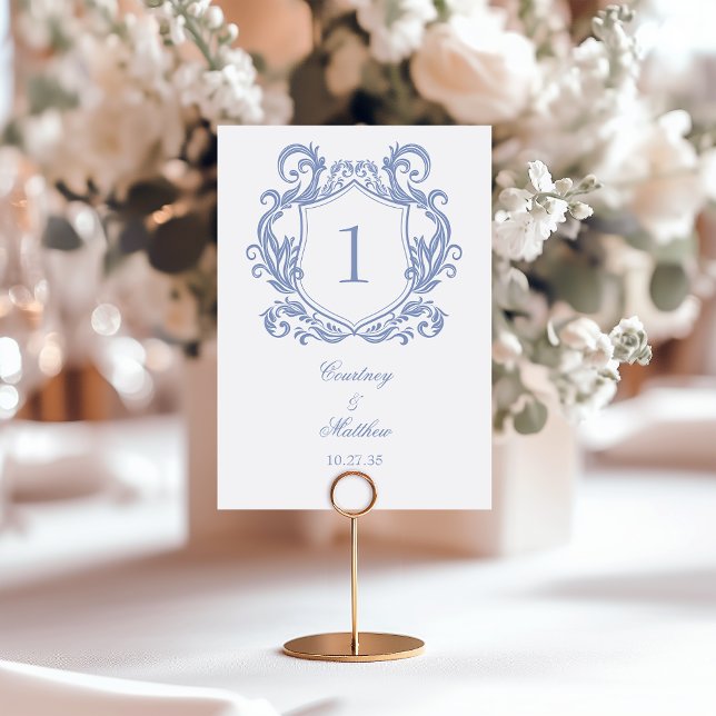 Elegant Dusty Blue Crest Wedding Table Number (Creator Uploaded)