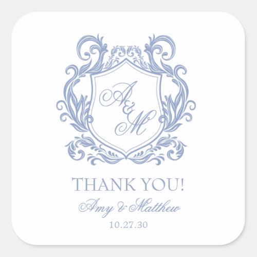 Elegant Dusty Blue Crest Wedding Thank You Square Sticker