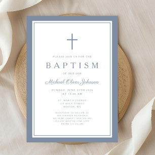 Elegant Dusty Blue Cross Baby Boy Baptism Invitation